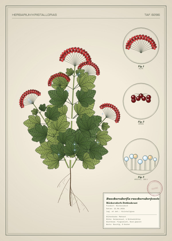Botanische Tafel: Rueckersdorfia rueckersdorfensis, eine erfundene Pflanze aus Rückersdorf, gezeichnet wie in einem alten Pflanzenatlas