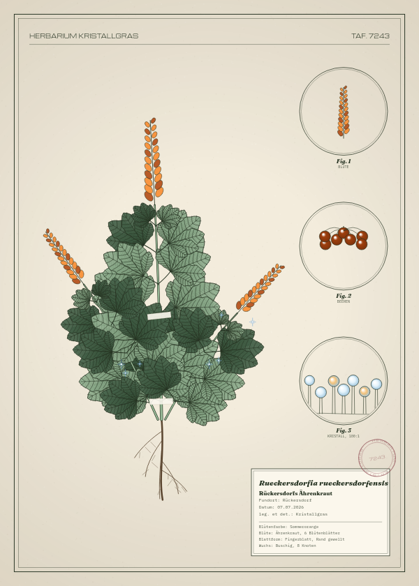 Botanische Tafel: Rueckersdorfia rueckersdorfensis, eine erfundene Pflanze aus Rückersdorf, gezeichnet wie in einem alten Pflanzenatlas