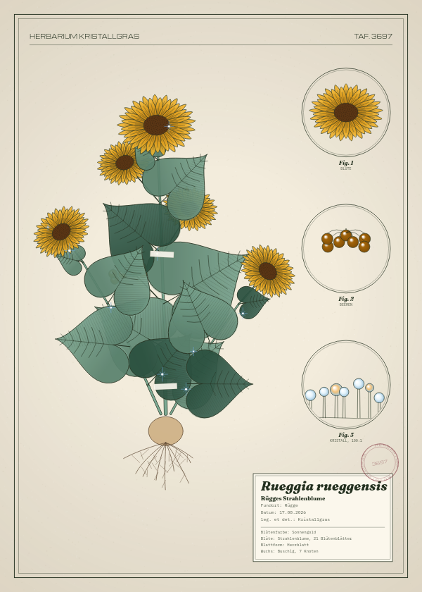 Botanische Tafel: Rueggia rueggensis, eine erfundene Pflanze aus Rügge, gezeichnet wie in einem alten Pflanzenatlas