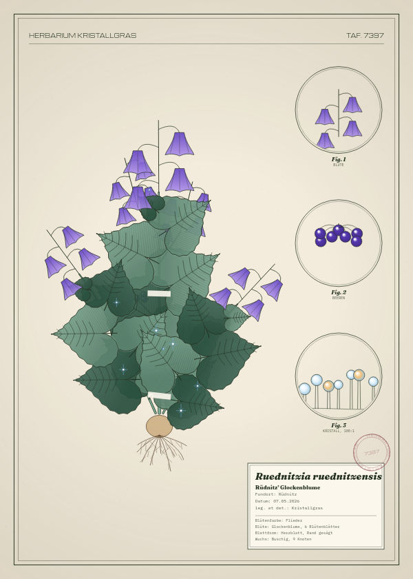Botanische Tafel: Ruednitzia ruednitzensis, eine erfundene Pflanze aus Rüdnitz, gezeichnet wie in einem alten Pflanzenatlas