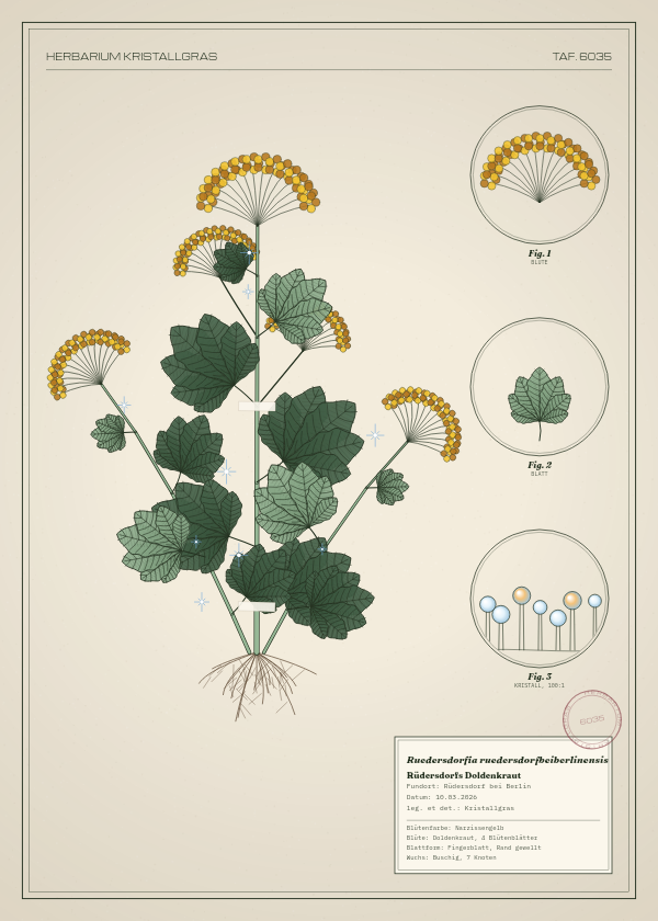 Botanische Tafel: Ruedersdorfia ruedersdorfbeiberlinensis, eine erfundene Pflanze aus Rüdersdorf bei Berlin, gezeichnet wie in einem alten Pflanzenatlas