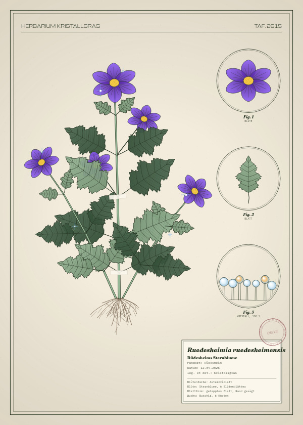 Botanische Tafel: Ruedesheimia ruedesheimensis, eine erfundene Pflanze aus Rüdesheim, gezeichnet wie in einem alten Pflanzenatlas