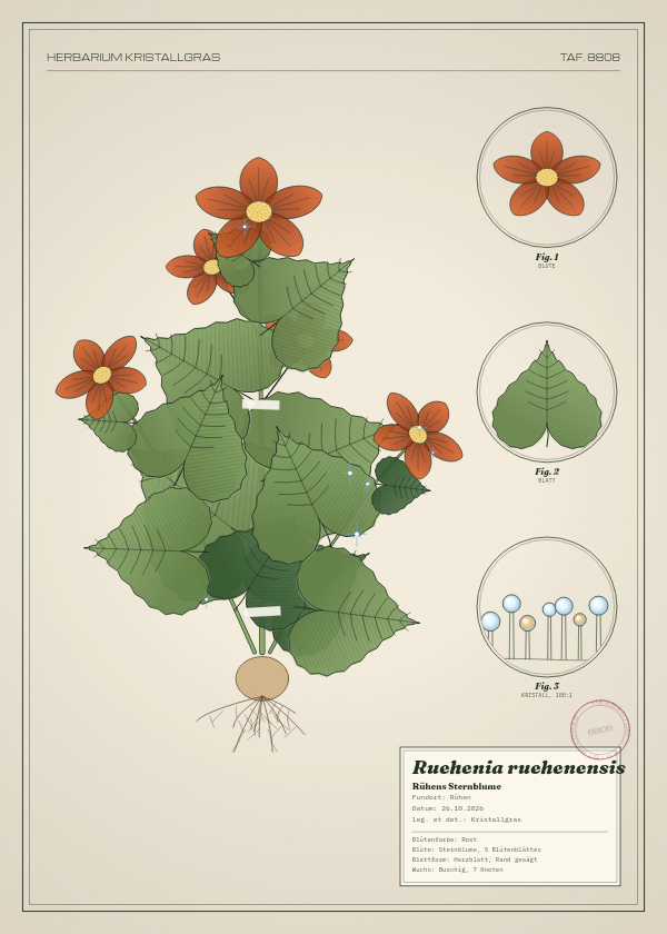 Botanische Tafel: Ruehenia ruehenensis, eine erfundene Pflanze aus Rühen, gezeichnet wie in einem alten Pflanzenatlas
