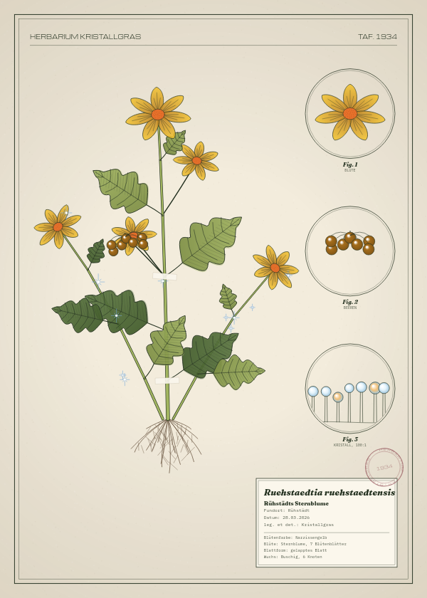 Botanische Tafel: Ruehstaedtia ruehstaedtensis, eine erfundene Pflanze aus Rühstädt, gezeichnet wie in einem alten Pflanzenatlas