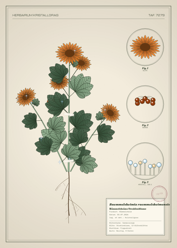 Botanische Tafel: Ruemmelsheimia ruemmelsheimensis, eine erfundene Pflanze aus Rümmelsheim, gezeichnet wie in einem alten Pflanzenatlas