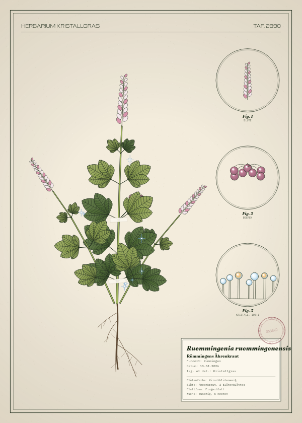Botanische Tafel: Ruemmingenia ruemmingenensis, eine erfundene Pflanze aus Rümmingen, gezeichnet wie in einem alten Pflanzenatlas