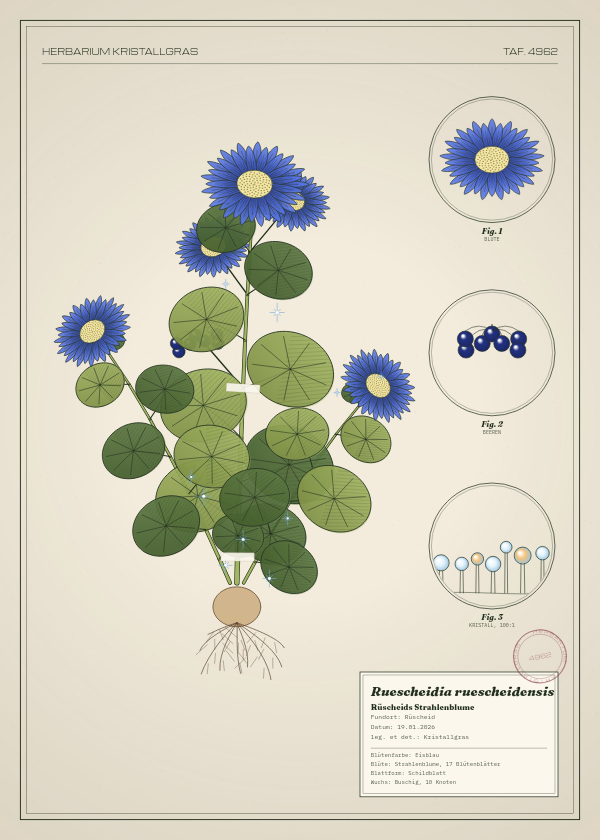 Botanische Tafel: Ruescheidia ruescheidensis, eine erfundene Pflanze aus Rüscheid, gezeichnet wie in einem alten Pflanzenatlas