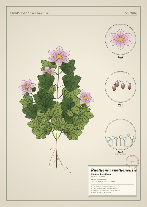 Botanische Tafel: Ruethenia ruethenensis, eine erfundene Pflanze aus Rüthen, gezeichnet wie in einem alten Pflanzenatlas
