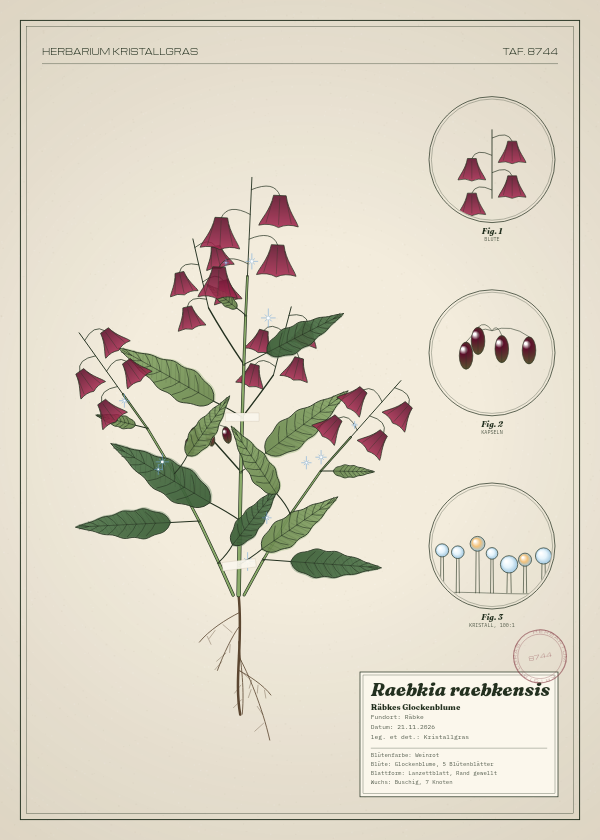 Botanische Tafel: Raebkia raebkensis, eine erfundene Pflanze aus Räbke, gezeichnet wie in einem alten Pflanzenatlas
