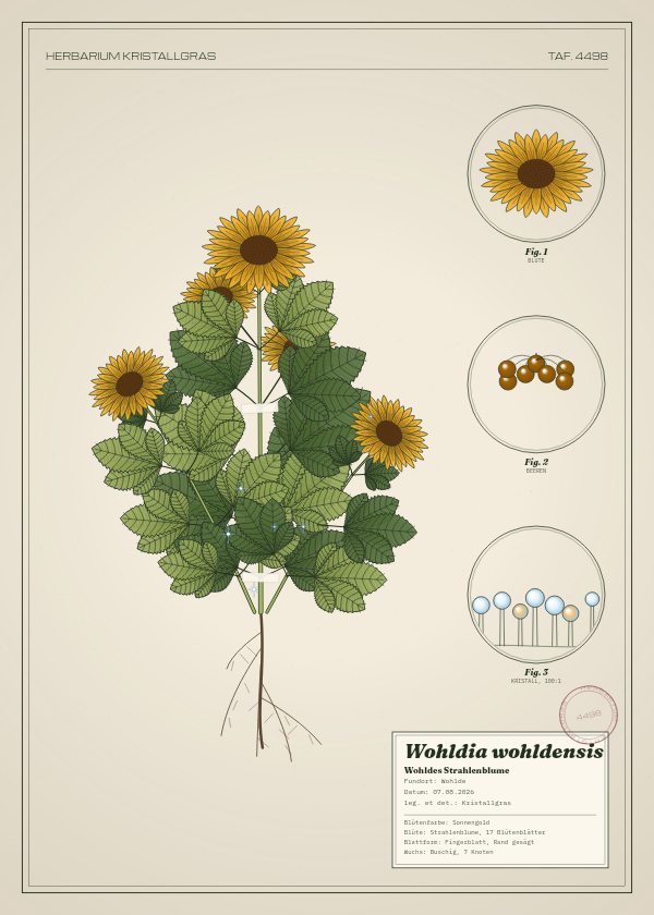 Botanische Tafel: Wohldia wohldensis, eine erfundene Pflanze aus Wohlde, gezeichnet wie in einem alten Pflanzenatlas