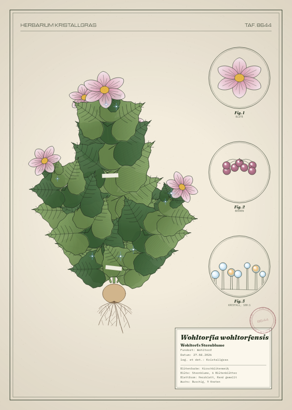 Botanische Tafel: Wohltorfia wohltorfensis, eine erfundene Pflanze aus Wohltorf, gezeichnet wie in einem alten Pflanzenatlas