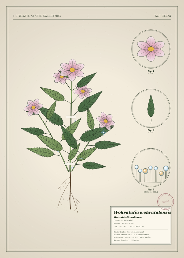 Botanische Tafel: Wohratalia wohratalensis, eine erfundene Pflanze aus Wohratal, gezeichnet wie in einem alten Pflanzenatlas