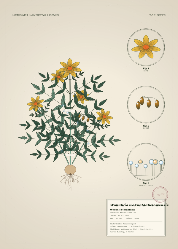 Botanische Tafel: Wokuhlia wokuhldabelowensis, eine erfundene Pflanze aus Wokuhl-Dabelow, gezeichnet wie in einem alten Pflanzenatlas