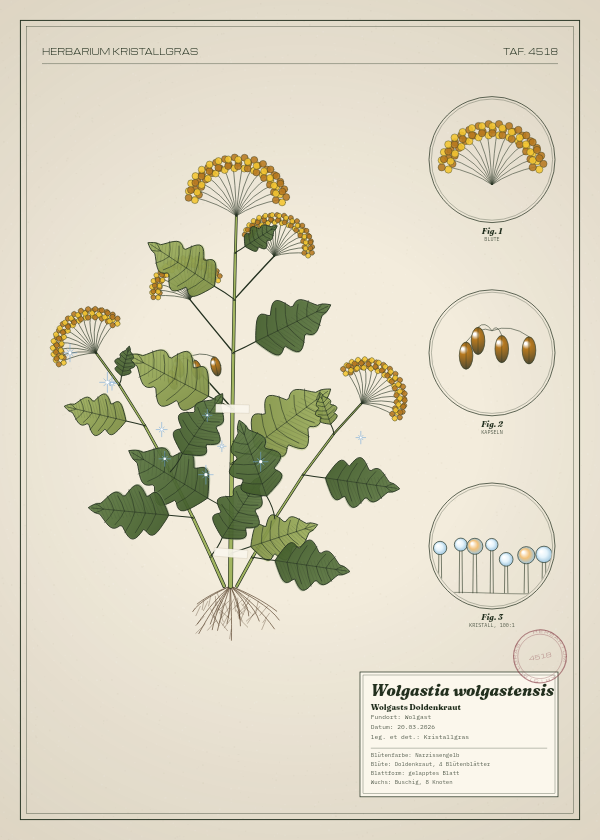 Botanische Tafel: Wolgastia wolgastensis, eine erfundene Pflanze aus Wolgast, gezeichnet wie in einem alten Pflanzenatlas