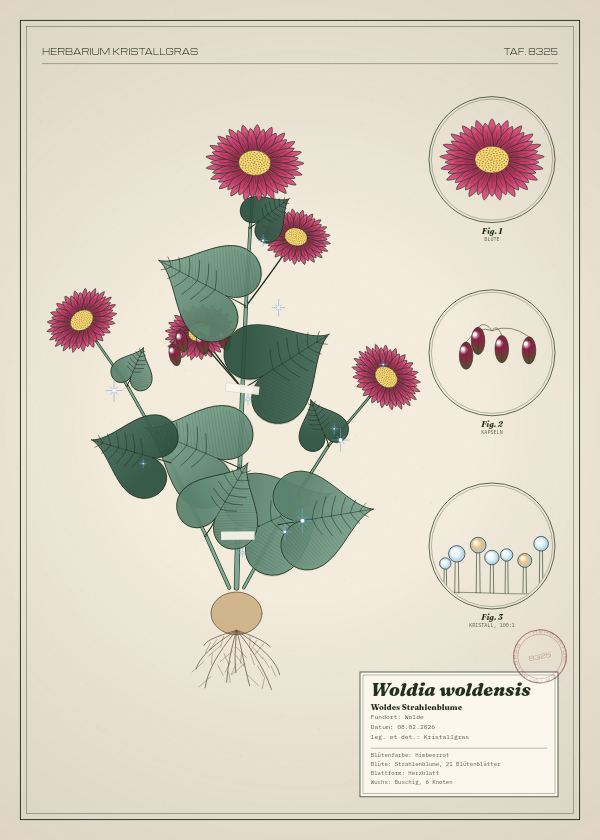 Botanische Tafel: Woldia woldensis, eine erfundene Pflanze aus Wolde, gezeichnet wie in einem alten Pflanzenatlas