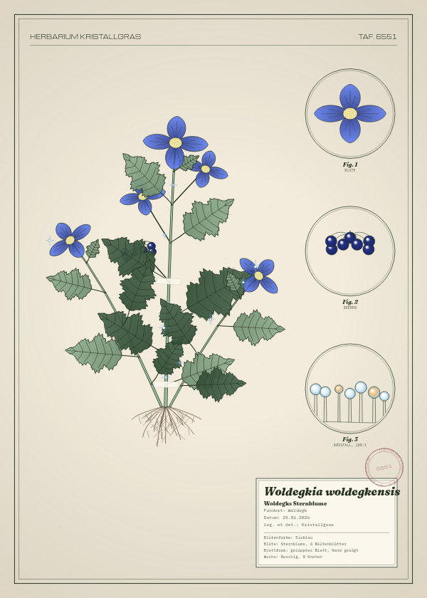 Botanische Tafel: Woldegkia woldegkensis, eine erfundene Pflanze aus Woldegk, gezeichnet wie in einem alten Pflanzenatlas