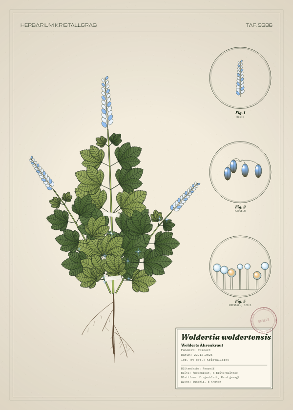 Botanische Tafel: Woldertia woldertensis, eine erfundene Pflanze aus Woldert, gezeichnet wie in einem alten Pflanzenatlas