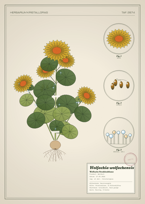 Botanische Tafel: Wolfachia wolfachensis, eine erfundene Pflanze aus Wolfach, gezeichnet wie in einem alten Pflanzenatlas