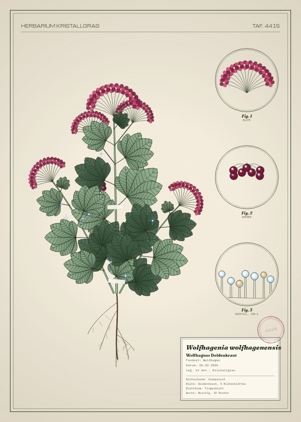 Botanische Tafel: Wolfhagenia wolfhagenensis, eine erfundene Pflanze aus Wolfhagen, gezeichnet wie in einem alten Pflanzenatlas