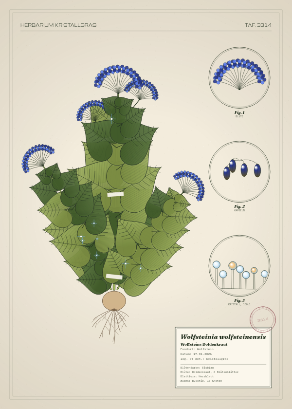 Botanische Tafel: Wolfsteinia wolfsteinensis, eine erfundene Pflanze aus Wolfstein, gezeichnet wie in einem alten Pflanzenatlas