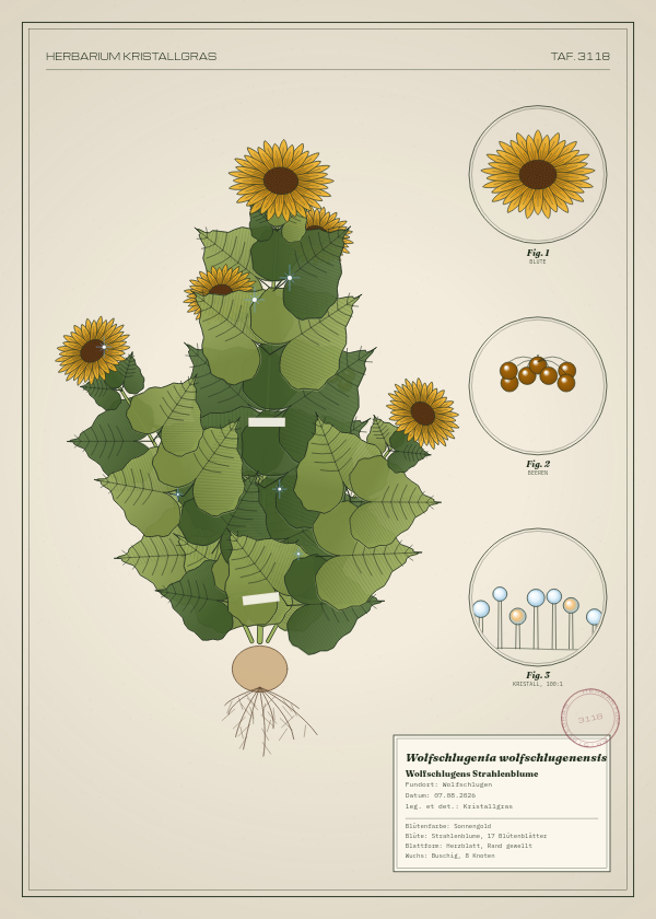Botanische Tafel: Wolfschlugenia wolfschlugenensis, eine erfundene Pflanze aus Wolfschlugen, gezeichnet wie in einem alten Pflanzenatlas