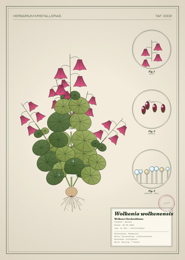Botanische Tafel: Wolkenia wolkenensis, eine erfundene Pflanze aus Wolken, gezeichnet wie in einem alten Pflanzenatlas