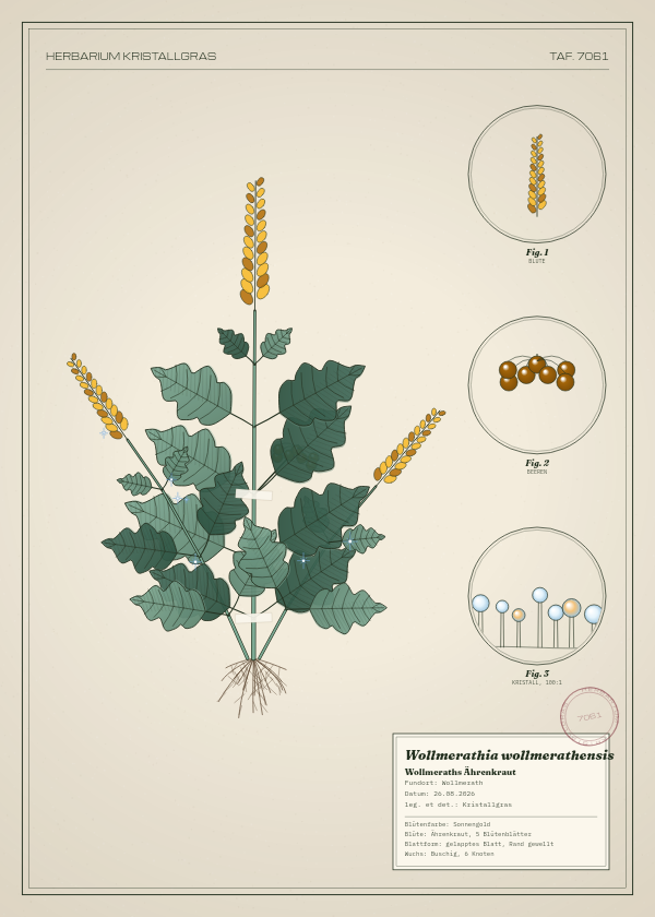 Botanische Tafel: Wollmerathia wollmerathensis, eine erfundene Pflanze aus Wollmerath, gezeichnet wie in einem alten Pflanzenatlas