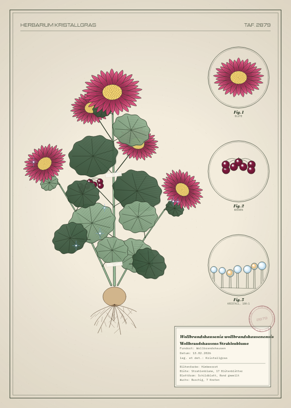 Botanische Tafel: Wollbrandshausenia wollbrandshausenensis, eine erfundene Pflanze aus Wollbrandshausen, gezeichnet wie in einem alten Pflanzenatlas