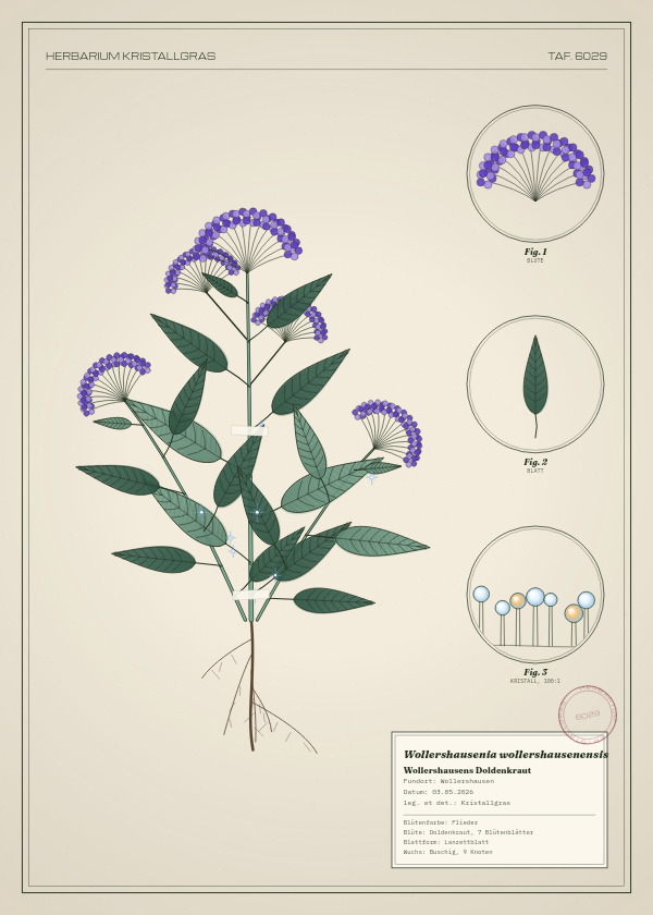 Botanische Tafel: Wollershausenia wollershausenensis, eine erfundene Pflanze aus Wollershausen, gezeichnet wie in einem alten Pflanzenatlas