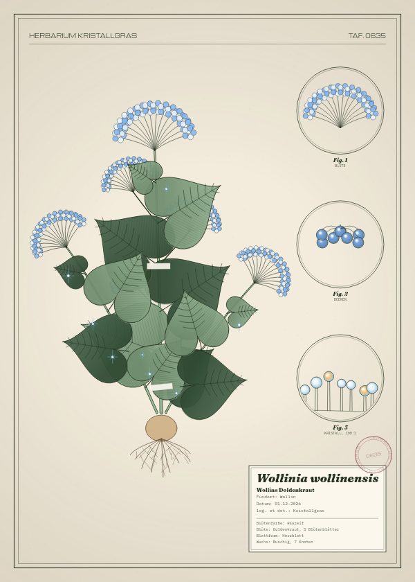 Botanische Tafel: Wollinia wollinensis, eine erfundene Pflanze aus Wollin, gezeichnet wie in einem alten Pflanzenatlas