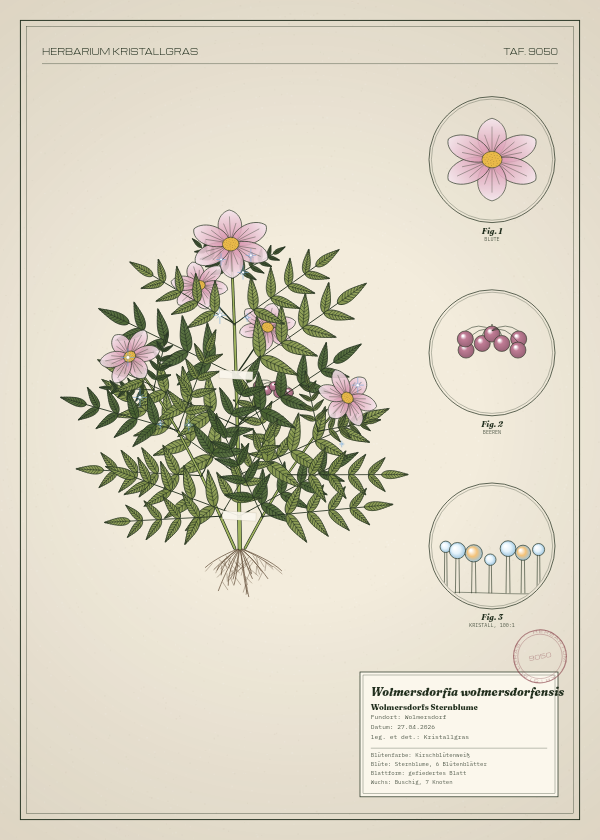 Botanische Tafel: Wolmersdorfia wolmersdorfensis, eine erfundene Pflanze aus Wolmersdorf, gezeichnet wie in einem alten Pflanzenatlas