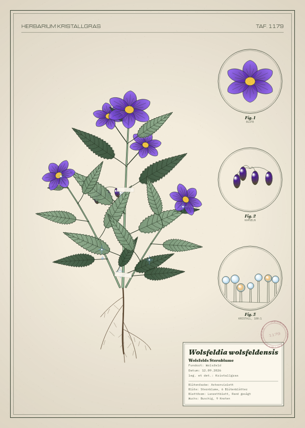 Botanische Tafel: Wolsfeldia wolsfeldensis, eine erfundene Pflanze aus Wolsfeld, gezeichnet wie in einem alten Pflanzenatlas