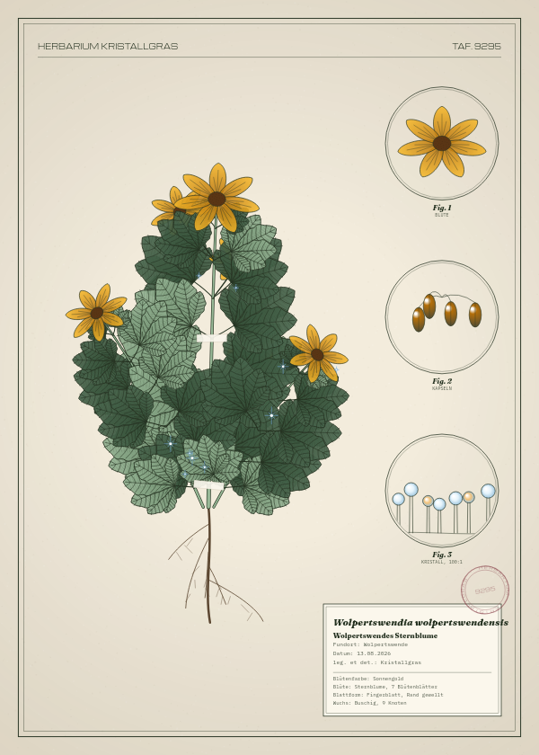 Botanische Tafel: Wolpertswendia wolpertswendensis, eine erfundene Pflanze aus Wolpertswende, gezeichnet wie in einem alten Pflanzenatlas