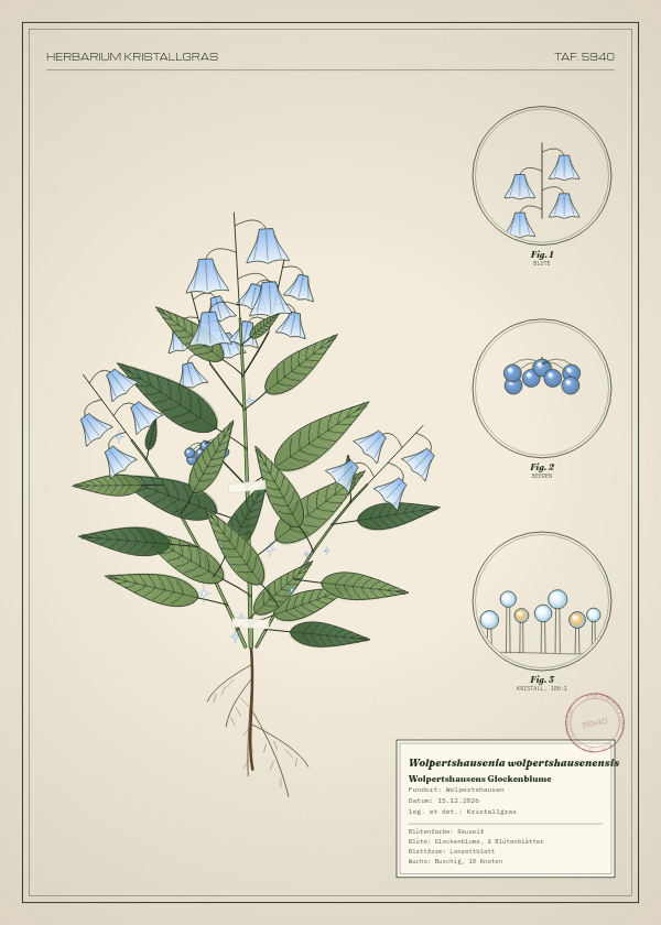 Botanische Tafel: Wolpertshausenia wolpertshausenensis, eine erfundene Pflanze aus Wolpertshausen, gezeichnet wie in einem alten Pflanzenatlas