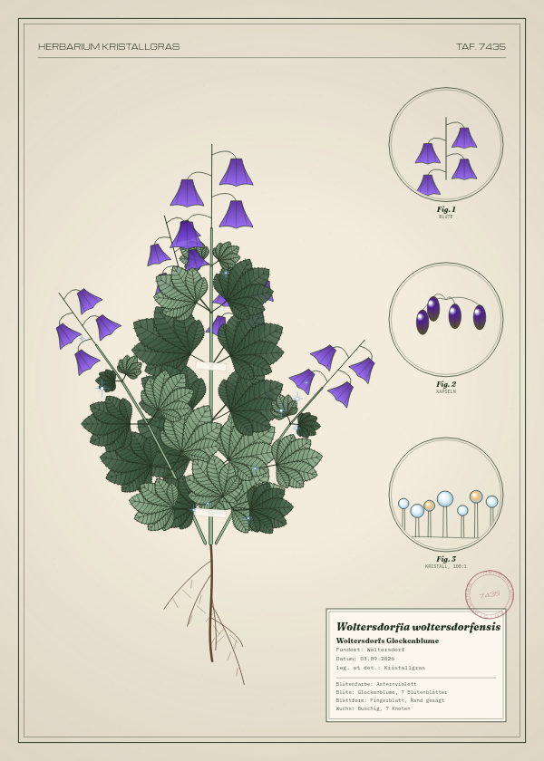 Botanische Tafel: Woltersdorfia woltersdorfensis, eine erfundene Pflanze aus Woltersdorf, gezeichnet wie in einem alten Pflanzenatlas