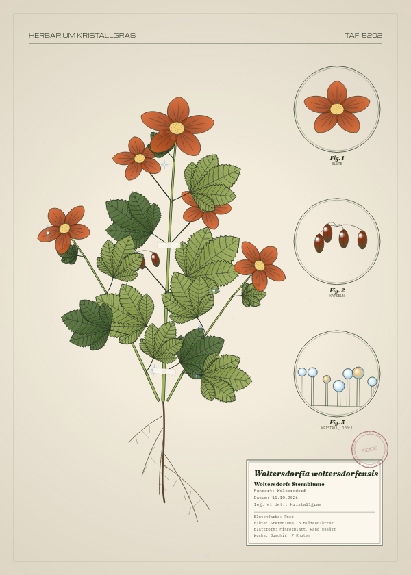 Botanische Tafel: Woltersdorfia woltersdorfensis, eine erfundene Pflanze aus Woltersdorf, gezeichnet wie in einem alten Pflanzenatlas