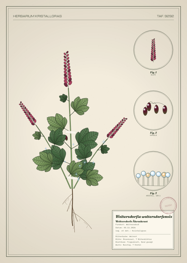 Botanische Tafel: Woltersdorfia woltersdorfensis, eine erfundene Pflanze aus Woltersdorf, gezeichnet wie in einem alten Pflanzenatlas