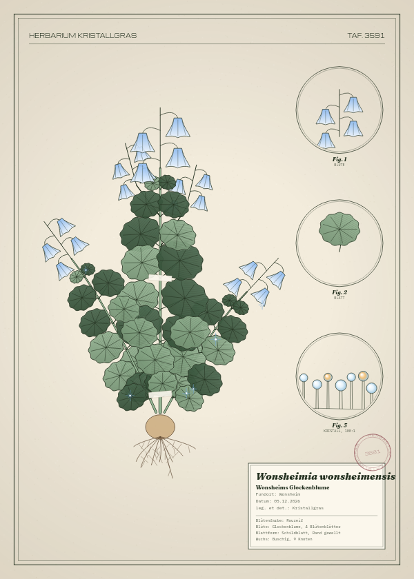 Botanische Tafel: Wonsheimia wonsheimensis, eine erfundene Pflanze aus Wonsheim, gezeichnet wie in einem alten Pflanzenatlas
