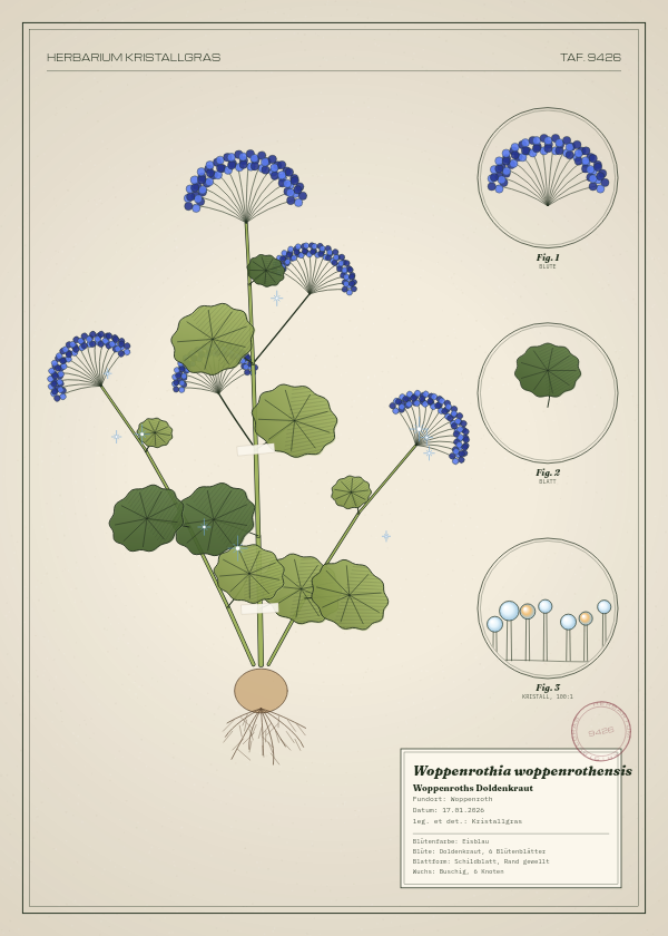 Botanische Tafel: Woppenrothia woppenrothensis, eine erfundene Pflanze aus Woppenroth, gezeichnet wie in einem alten Pflanzenatlas
