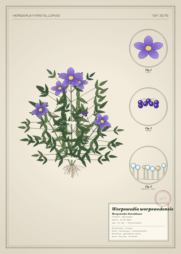 Botanische Tafel: Worpswedia worpswedensis, eine erfundene Pflanze aus Worpswede, gezeichnet wie in einem alten Pflanzenatlas