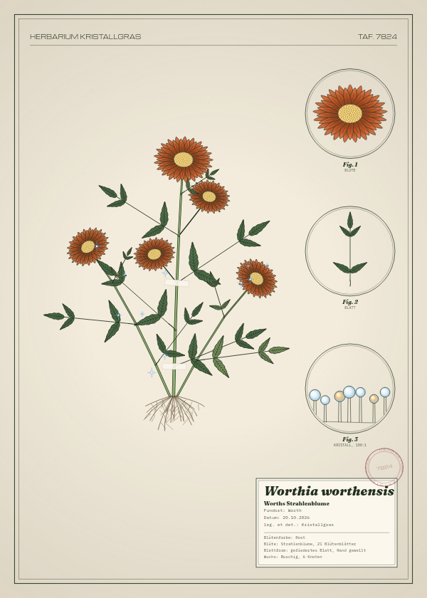 Botanische Tafel: Worthia worthensis, eine erfundene Pflanze aus Worth, gezeichnet wie in einem alten Pflanzenatlas