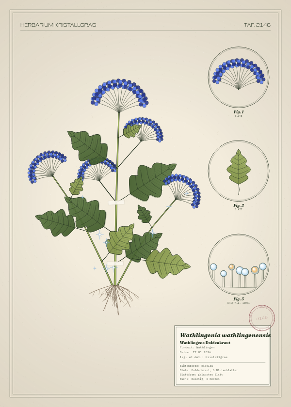 Botanische Tafel: Wathlingenia wathlingenensis, eine erfundene Pflanze aus Wathlingen, gezeichnet wie in einem alten Pflanzenatlas