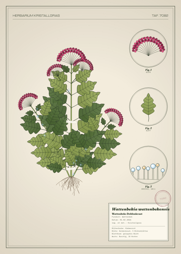 Botanische Tafel: Wattenbekia wattenbekensis, eine erfundene Pflanze aus Wattenbek, gezeichnet wie in einem alten Pflanzenatlas