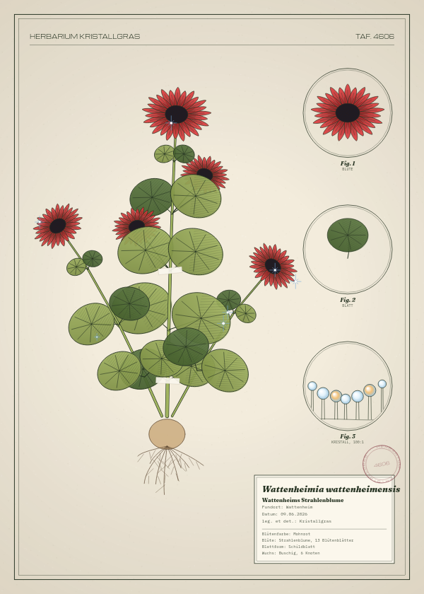 Botanische Tafel: Wattenheimia wattenheimensis, eine erfundene Pflanze aus Wattenheim, gezeichnet wie in einem alten Pflanzenatlas