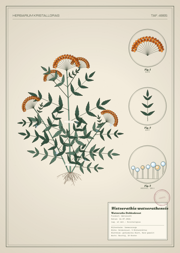 Botanische Tafel: Watzerathia watzerathensis, eine erfundene Pflanze aus Watzerath, gezeichnet wie in einem alten Pflanzenatlas
