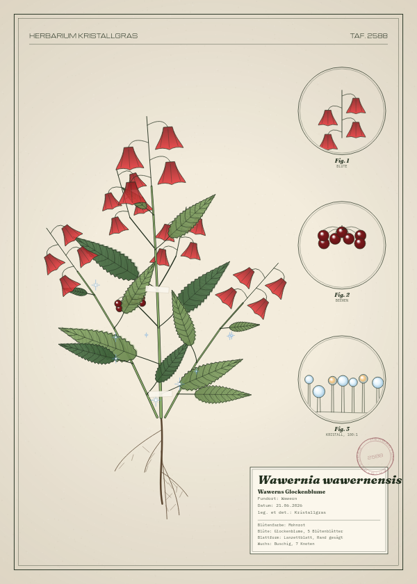 Botanische Tafel: Wawernia wawernensis, eine erfundene Pflanze aus Wawern, gezeichnet wie in einem alten Pflanzenatlas