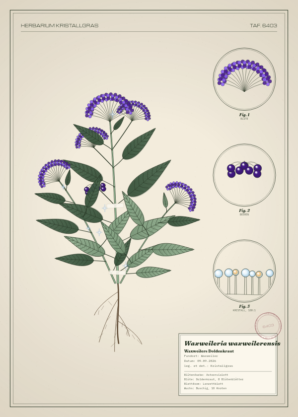 Botanische Tafel: Waxweileria waxweilerensis, eine erfundene Pflanze aus Waxweiler, gezeichnet wie in einem alten Pflanzenatlas