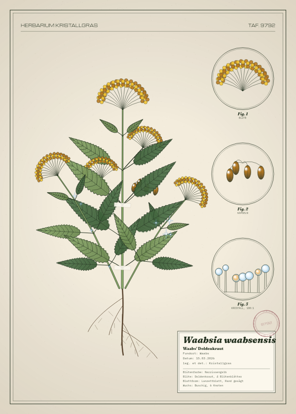 Botanische Tafel: Waabsia waabsensis, eine erfundene Pflanze aus Waabs, gezeichnet wie in einem alten Pflanzenatlas