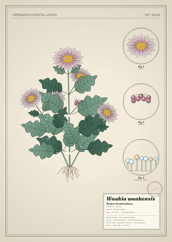 Botanische Tafel: Waakia waakensis, eine erfundene Pflanze aus Waake, gezeichnet wie in einem alten Pflanzenatlas