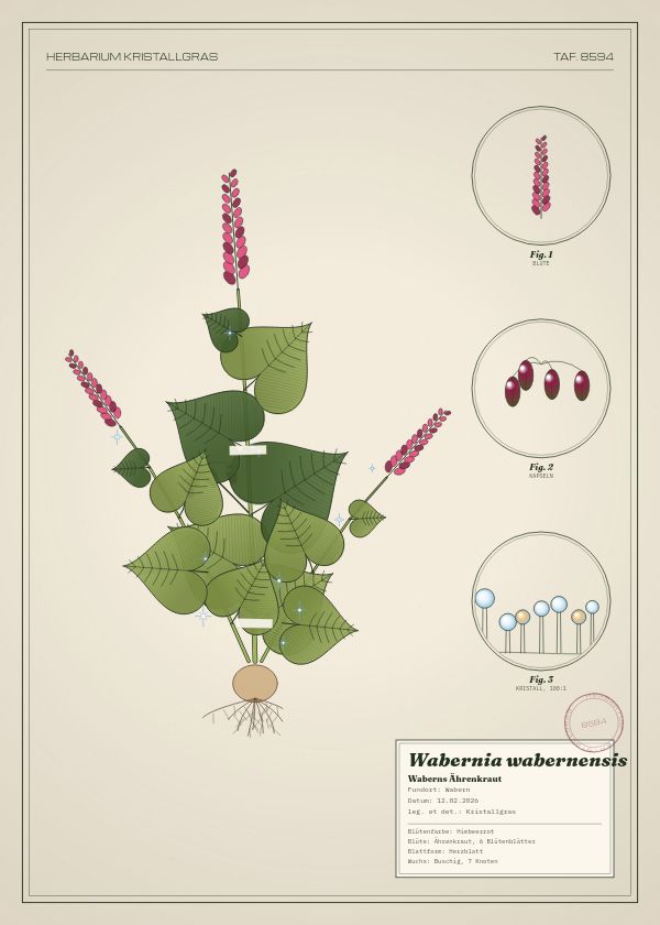 Botanische Tafel: Wabernia wabernensis, eine erfundene Pflanze aus Wabern, gezeichnet wie in einem alten Pflanzenatlas